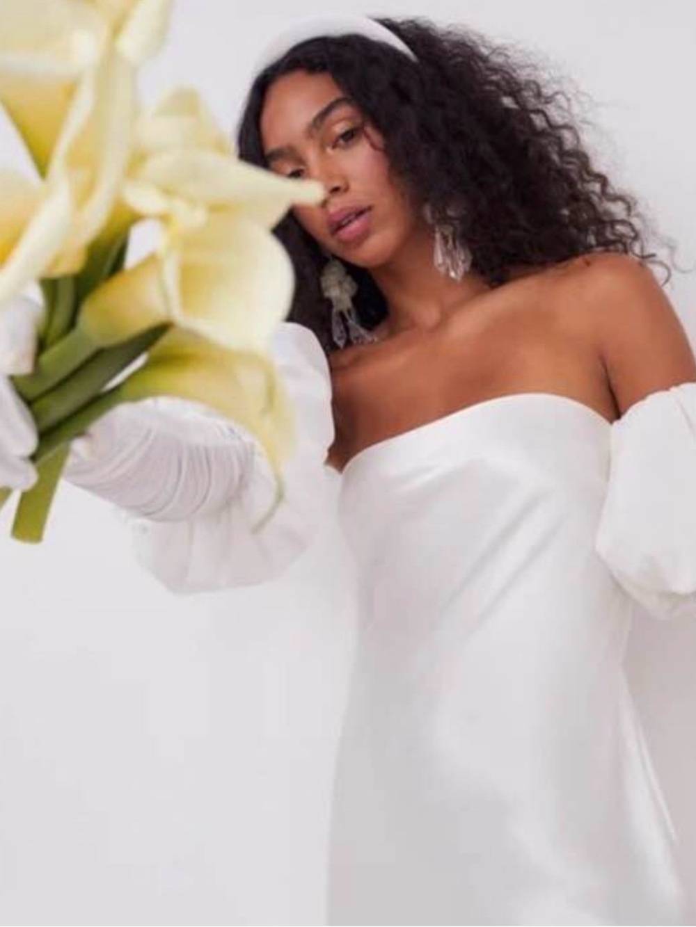 For Love & Lemons Off‑Shoulder White Midi Dress with Puffed Sleeves